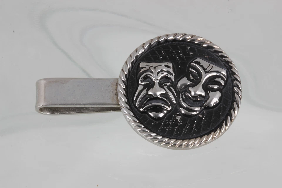SILVERTONE COMEDY TRAGEDY THEATRE MASKS TIE BAR CLIP 6678 - Image 1 of 2