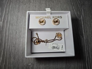 Michael Kors Earrings & Bracelet Gold Crystals Set MK Logo - Picture 1 of 7
