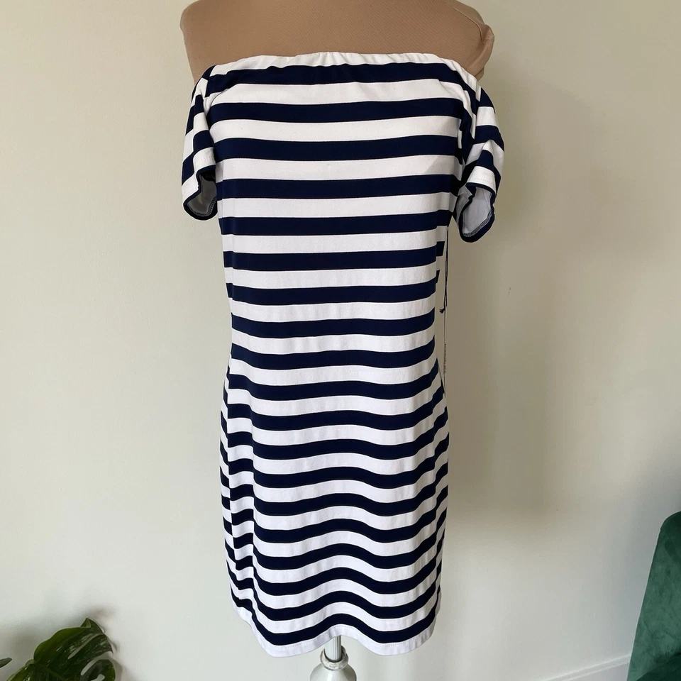 Mini Vestido Susana Monaco Fuera del Hombro Manga Corta Sade Rayas Nuevo con Etiquetas Talla L Foto 1 de 4