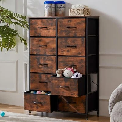 10 Storage Drawer Dresser Bedroom Tall Wood Dresser with Fabric Storage Tower - Image 1 of 4