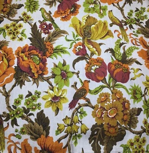 House 'n Home Fabrics Cotton Canvas Green Orange Flowers & Birds on Tan 1.75Y - Picture 1 of 7