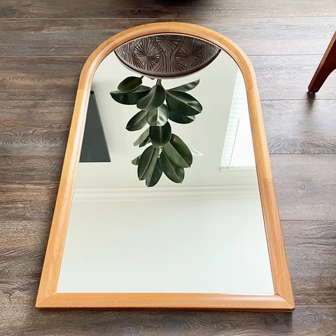 Mid Century Danish Modern Hanging Framed Jesper Wall Mirror Teak Wood Arched Top Cover