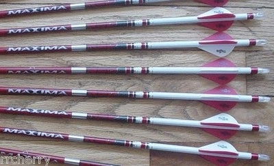6-- Carbon Express Maxima RED 350 Custom Arrows w/ Blazer Vanes White Dip Crest - Image 1 of 4