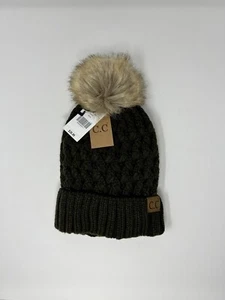 C.C Moss Green Fuzzy Lining Inside Knit Winter Warm Pull On Hat Fur Pompom - NWT - Picture 1 of 10