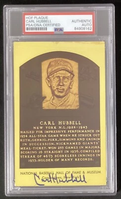Carl Hubbell Signed Plaque Postcard Gold Yellow Giants Meal Ticket Auto PSA/DNA - Image 1 of 2