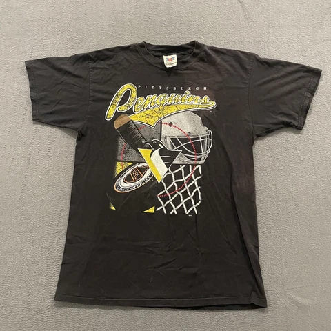 Vintage Pittsburgh Penguins T Shirt Mens Large 90s NHL Black Sun Faded Helmet Cover