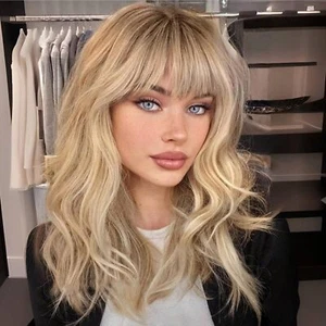 Ombre Honey Blonde Highlight Wavy Wig with Bangs 13x4 Lace Front Human Hair Wigs - Picture 1 of 4