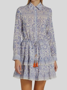 Bell By Alicia Bell Womens Blake Paisley Dress XS Blue White Silk Cotton Boho - Picture 1 of 12