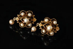 PENDIENTES TORNILLO ORO 14K PERLA BRILLO BLANCO ESTILO VICTORIANO ANTIGUO GLM - Imagen 1 de 3