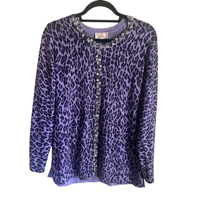 Quacker Factory Leopard Jeweled Button Front Cardigan MED - Image 1 of 4
