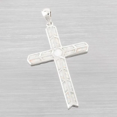 Collar colgante grande cruz latina blanco ópalo de fuego joyería plata Foto 1 de 4