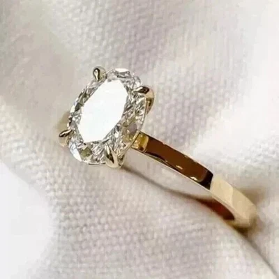 Anillo solitario ovalado de diamantes creado en laboratorio de 1,50 quilates enchapado en oro amarillo de 14 k de plata 925 Foto 1 de 4