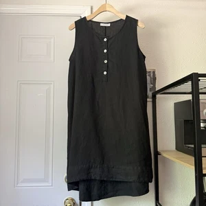 BRYN WALKER black linen lagenlook popover sleeveless mini shirt dress - Picture 1 of 7