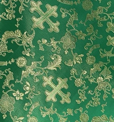 "Tela brocada metálica cruz iglesia oro verde 60"" vendida por yarda" Foto 1 de 4
