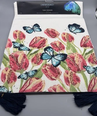 Cynthia Rowley Beaded Tulips Butterflies Table Runner Tassels Spring Easter - Image 1 of 4