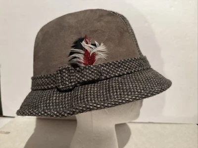 Chapéu Fedora Vintage Dobbs Fifth 5th Avenue Xadrez e Camurça Tweed XL Chapéu de Lã com Pena - Imagem 1 de 4
