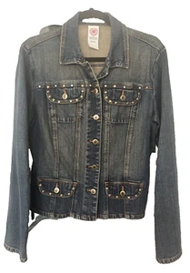 Bisou Bisou Y2k Jean Jacket Studded Embroidery Waisted SZ XL - Picture 1 of 7