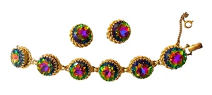 Vintage Schiaparelli Watermelon Rhinestone Inset Bracelet and Earring Set - Picture 1 of 3