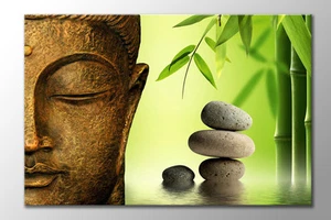 LARGE GOLD BUDDHA GREEN BAMBOO GREY ZEN STONES CANVAS WALL ART PRINT PICTURE NEW - Picture 1 of 1
