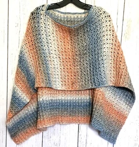 Coral Blue Gray Sweater Type Poncho Pullover Stole Shrug Shawl Handmade One Size - Picture 1 of 9
