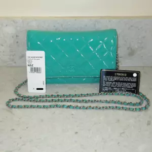 2013 Chanel Green Patent Leather SHW Silver Classic Wallet on Chain WOC Bag - Picture 1 of 24