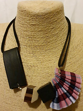 Black Faux Leather Multi Coloured Fabric Statement Modern Contemporary Necklace