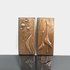 2 cuadros vintage de cobre, relieves de pared grullas y peces de los años 50 60 - Imagen 1 de 7