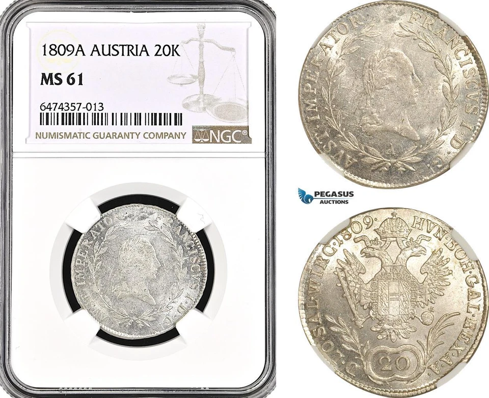 AG911, Austria, Franz II, 20 Kreuzer 1809­ A, Vienna Mint, Silver, NGC MS61 - Image 1 of 1