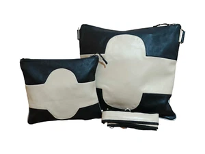 Real Cowhide Leather Water Proof Black and White Tallit & Tefillin Bag Set of 2 - Picture 1 of 2