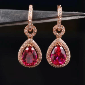 Natural Diamond Pear Red Ruby Drop Women Earrings Solid 14K Rose Gold Jewelry - Picture 1 of 12