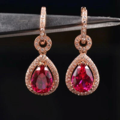 Natural Diamond Pear Red Ruby Drop Women Earrings Solid 14K Rose Gold Jewelry - Image 1 of 4