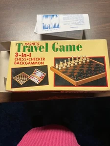 3 in 1 Magnetic Chess Checkers Backgammon Folding Travel Game Set Wooden Box - Picture 1 of 6