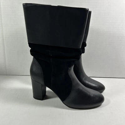 C Wonder 11 中号黑色皮革和麂皮绒铐边粗跟靴 — 第 1/4 张图片