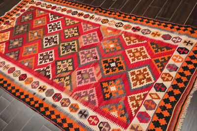 4'8'' x 9'5'' Runner Hand Woven Kilim Wool Southwestern Oriental Area Rug Red - Image 1 of 4