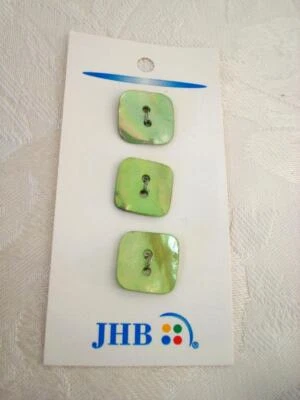 3 Square Green Shell Sew Through Buttons JHB Card 5/8 x 5/8 In. Made in Korea - Image 1 of 3