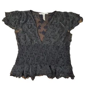 Diane von Furstenberg Silk Smock Blouse Womens Sz 6 Black Leopard Y2k Sheer - Picture 1 of 5