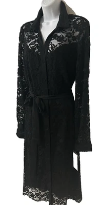 $148 Vestido de Cóctel NANETTE LEPORE Negro Encaje 16 Largo Slv Botón Frontal Cintura Corbata Foto 1 de 4