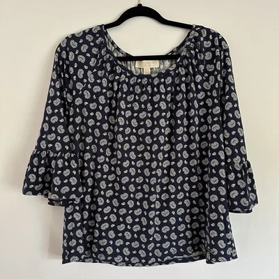 Top de mujer Michael Kors talla L diseño cachemir azul/blanco mangas campana algodón Foto 1 de 4