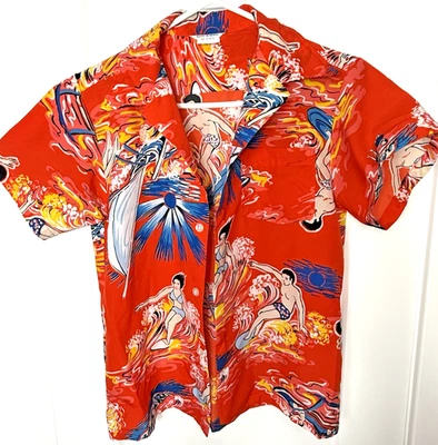 Camisa de vestir HAWAIANA de colección años 50 60 con botones roja azul océano surf Aloha talla 14 Foto 1 de 4