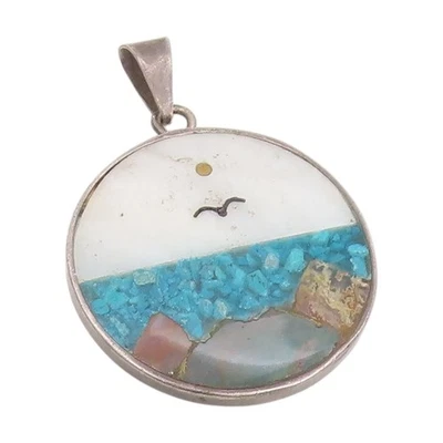 Colgante Vintage Plata de Ley 925 MÉXICO Turquesa Aplastada Paisaje Marino PT25213 Foto 1 de 4