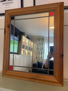 Vintage Leaded Stained Glass Mirror Pine Wood Framed Cottage Wall - Picture 1 of 4