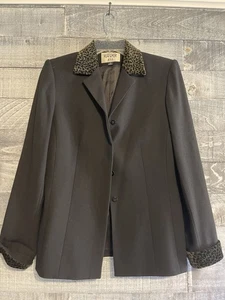 Vintage Kasper A.S.L  Sheath Jacket Black Leopard Print Collar & Cuffs Size 4 - Picture 1 of 6