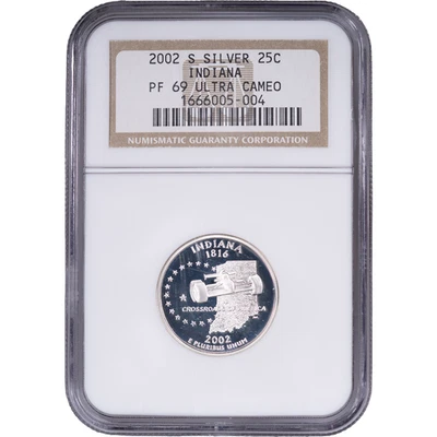 2002-S Silver Indiana State Quarter - Proof ~ NGC PF 69 ULTRA CAMEO - Image 1 of 2