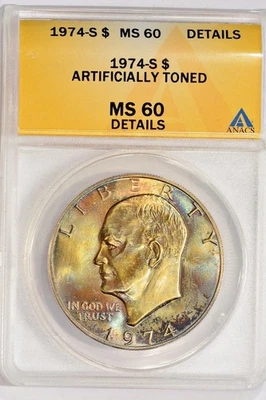 1974-S  EISENHOWER DOLLAR / COLORFUL ARTIFICIAL TONING / ANACS MS60 DETAILS - Image 1 of 2