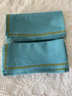 Cloth Napkins Bright Turquoise Cotton Green Ric Rac Trim Design Set Of 8 New - Image 1 of 2