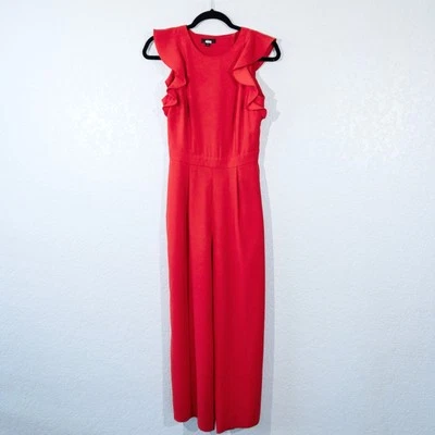 New J. Crew Bright Cerise Red Ruffle Crape Jumpsuit Size 0 - Image 1 of 4