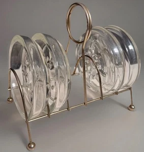 1960s (4) Glass Coasters/ Ash Trays W/ Metal Carry Caddy Fleur-De-Lis VTG - Picture 1 of 11