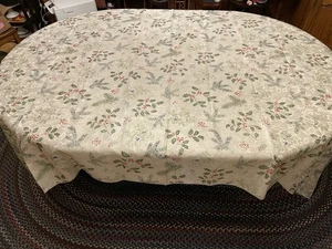 LARGE Christmas Tablecloth ~Holly Greenery~Oblong 102” X 60“ EUC - Picture 1 of 6