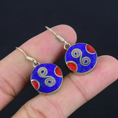 Lapis Lazuli Red Coral Ethnic 925 Sterling Silver Tibetan Nepali Earring 1.4" r3 - Image 1 of 4