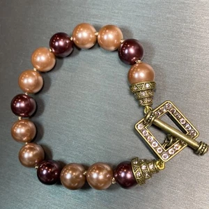 HEIDI DAUS  Bracelet Pearl Crystal Bronze Toggle Estate Jewelry Pre-Owned M/L 7 - Picture 1 of 12